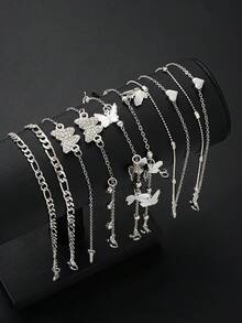 8pcs Bohemian Style Butterfly & Heart Anklet Set, Suitable For Women, Couples, Sisters, Summer Holiday, Date, Daily Casual, Wedding Party, Gift For Mom, Friends, Sisters - Silver - View 7