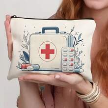 1pc Travel-Friendly Medical Print Makeup Bag | Stylish Canvas Cosmetic Pouch With First Aid Kit Designs | Durable, Water-Resistant, And Spacious Organizer For On-The-Go Essentials | Perfect Nurse Gift & Travel Companion - Multicolor - View 11