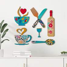 8 pezzi Set di decorazioni in legno per pareti, include disegni di coltello e forchetta, tazza da caffè, bicchiere da vino, adatto per decorazione di cucina, caffetteria, sala da pranzo, bar, pannelli decorativi, appendini da parete in legno, simboli per la casa, regali decorativi per inaugurazione casa e festività - Multicolore - Visualizzare 4