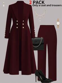 Women's Elegant Commuter 2 Pieces Set, Burgundy Long Waist-Cinched Vintage British Double-Breasted Coat Paired With Simple Casual Straight-Leg Pants, Spring - Burgundy 18 - View 2