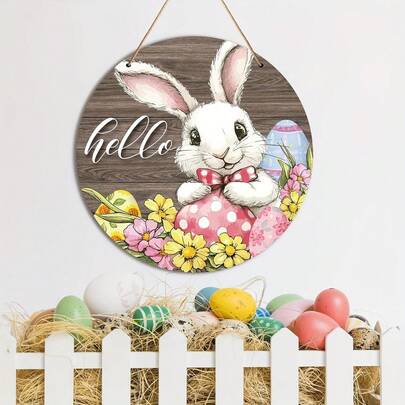1pc 2D Flat Spring Greeting Easter Bunny Hanging Decor, Easter Welcome Wooden Door Hanger, Outdoor Porch Farmhouse Style Spring Wooden Wall Decoration