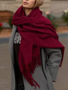 Plain Thick Winter Pashmina Scarf 250g With Fringe, Unisex, Soft And Warm - Burgundy - View 7