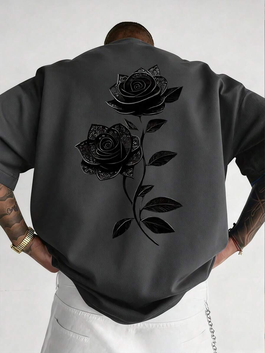 男士休闲时尚百搭玫瑰花印花圆领短袖T恤，夏季 - 深灰色 - 查看 1