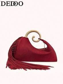 Dedoo 2026秋冬新款复古高品质晚宴包，时尚优雅的流苏手提包 - 紅色 - 查看 5