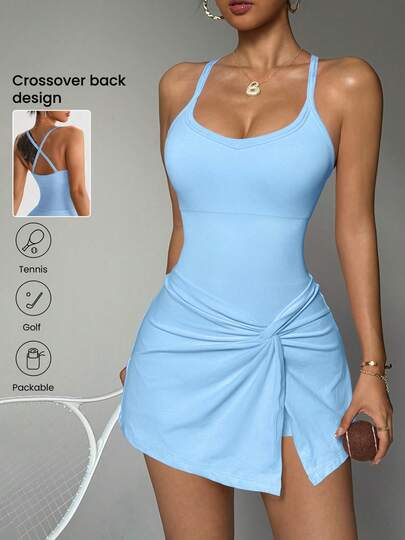  TCVC Spring/Summer New Arrival Women's Solid Color Fashionable High-Stretch Sports Tennis Jumpsuit, V-Neck Vest Tennis Skirt With Built-In Shorts, Suitable For Golf And Yoga, Comfortable And Stylish Design For Sports And Casual Wear