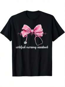 Women's T-Shirt With Pink Bow Design – Sparkling Rhinestones, All-Pink Stethoscope, White Handwritten Inscription "Certified Nursing Assistant", ECG Heart Rate Pattern – Stylish And Fun Medical Clothing, Suitable For Medical Professionals. - Black - View 6