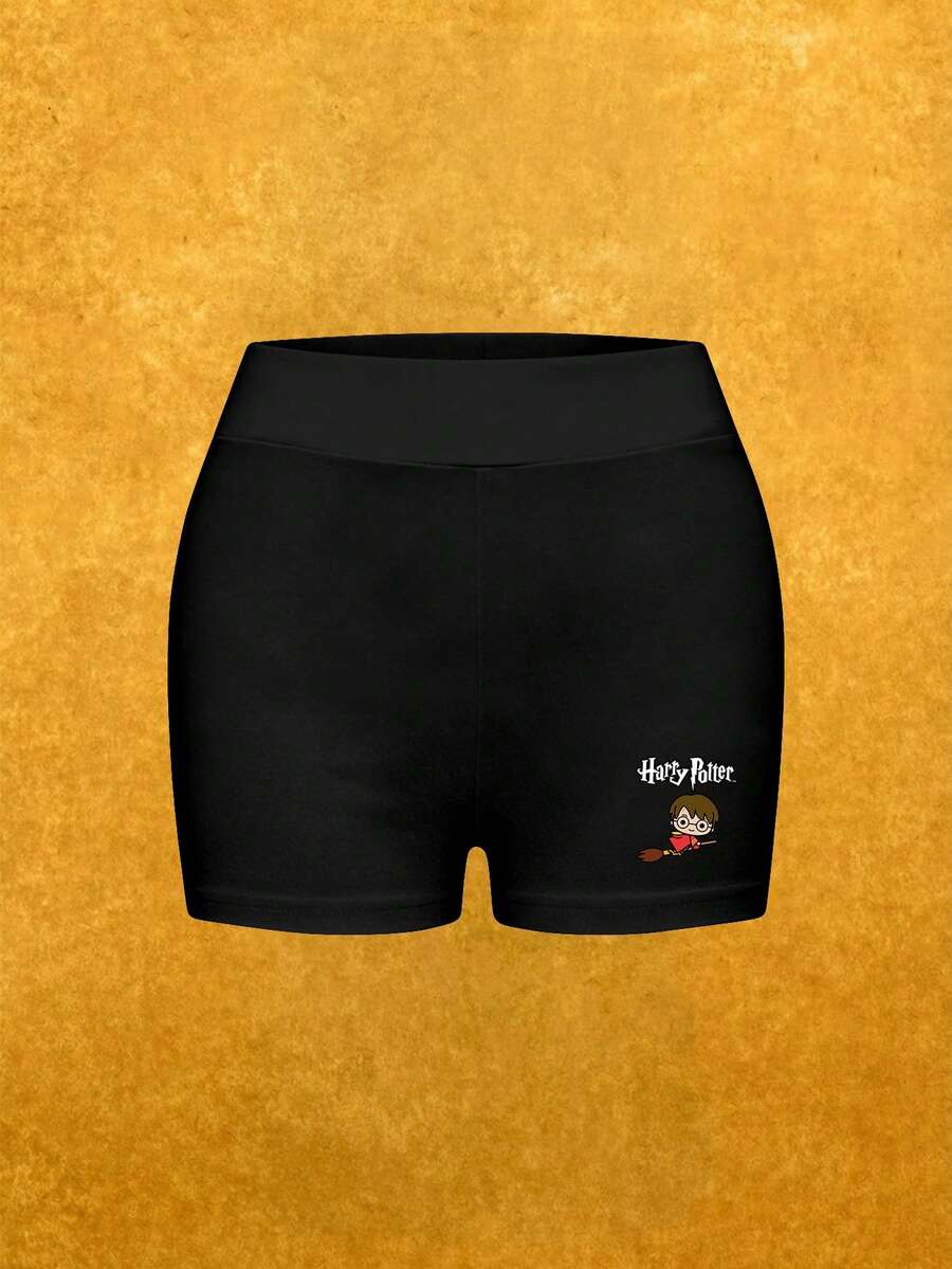 Whysmera SHEIN X Harry Potter Shorts estampados lindos para mujer - Ajuste cómodo, de moda y práctico, elemento esencial para el verano - Negro - Ver 1