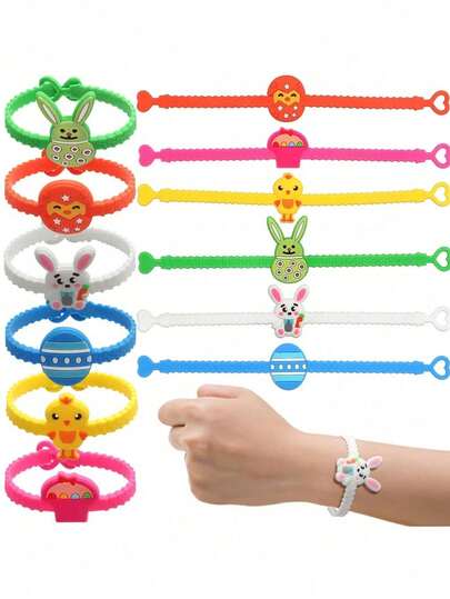 10pcs Silicone Random Color Easter Gift Party Wristbands, Photo Props Rabbit, Chick, Egg
