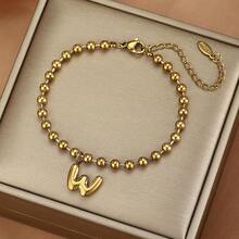 26 piezas Pulsera con dijes de letras iniciales, pulsera de acero inoxidable con cuentas doradas con letras de burbuja, adecuada para uso diario de mujeres, la caja de regalo es solo para fines de fotografía - Dorado - View 21