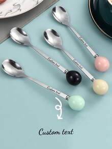 5pcs Customizable Creative Round Ball High-Quality Ceramic Handle Stainless Steel Teaspoons - Multicolor - View 2