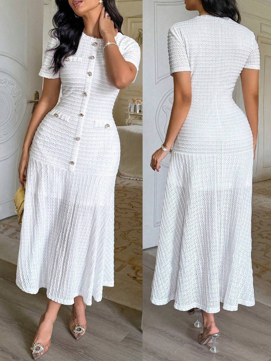 Solid Color Elegant Front Button Ruffle Zipper Formal Evening Dress Fitted Bodycon Short Sleeve Dress, Machine Washable Polyester Blend White Summer - White - View 1
