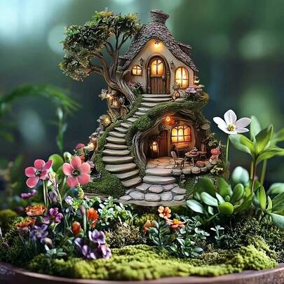 1 chiếc cọc trang trí sân vườn hình nhà cây cổ tích bằng nhựa vinyl, thích hợp cho cây trồng trong chậu và luống hoa, món quà tuyệt vời cho Ngày Valentine, Kỷ niệm, Giáng sinh, không cần nguồn điện hoặc pin.