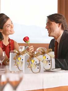 10PCS/1PC/Valentine's Day Wedding Favor Tote Bags With Ribbon 14x12x6cm - White With Gold Ribbon - View 6