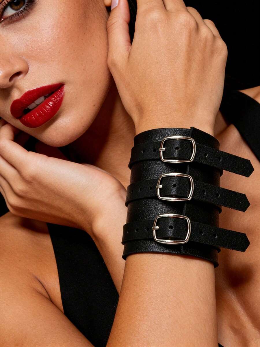 Punk Gothic-Style Black PU Leather Triple-Layer Bracelet, Adjustable Rivet Buckle Design, Dark Queen Statement Wristband Accessory, All-Season Versatile Item To Elevate Outfit Edge & Coolness - Black - View 1