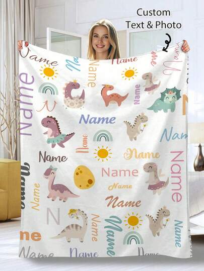 1pc Flannel Colorful Dinosaur Rainbow Cloud Blanket, Personalized Picture & Text Blanket, Decorative Blanket Suitable For Sofa, Living Room, Bedroom Home Decor, Super Thick & Soft, All Season, Family & Friends Image, Birthday & Wedding Gift