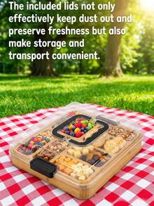 Bộ đồ dùng phục vụ bằng tre cao cấp 2 trong 1: Khay tròn có nắp và hộp đựng đồ ăn nhẹ hình vuông có tay cầm và nắp, lý tưởng để đựng phô mai, kẹo, món khai vị, dùng trong các buổi họp mặt gia đình và làm quà tặng. - Xem 6