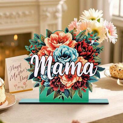 1 件 2D 木质桌面摆件，母亲节专属，饰以母亲的牡丹花，是理想的桌面装饰品。母亲节快乐桌面标牌，送给妈妈生日或节日的完美礼物