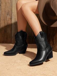 Women's Cowboy Ankle Boots Western Booties Low Heel Pointed Toe Cowgirl Boots - Toàn bộ màu đen - Xem 1