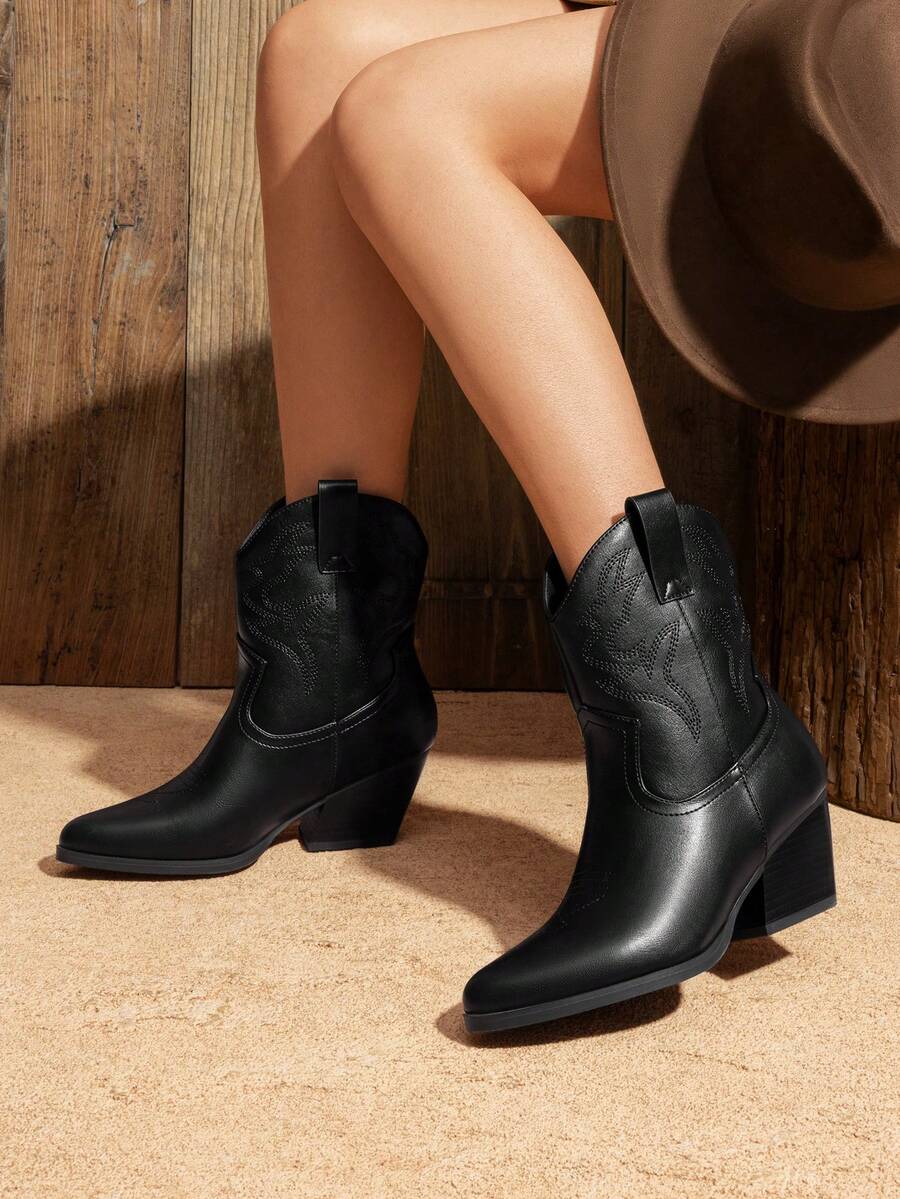 Women's Cowboy Ankle Boots Western Booties Low Heel Pointed Toe Cowgirl Boots - Toàn bộ màu đen - Xem 1