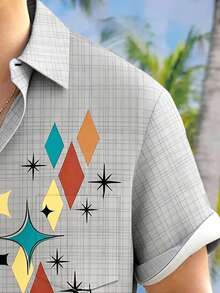 Retro Striped Geometric Print Men's Button-Down Short Sleeve Vacation Shirt - Grey - View 7