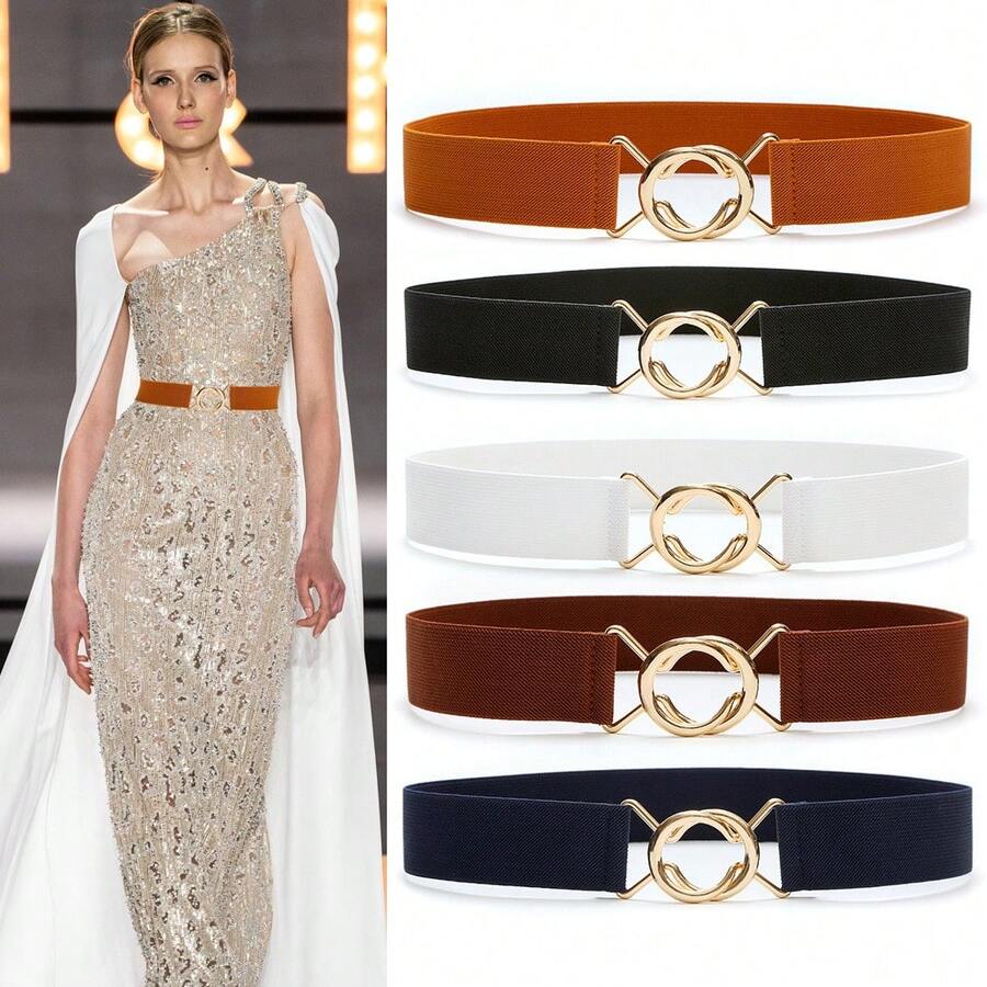 Women's Black & Golden Buckle Elastic Waist Belt, Gothic Style Elastic Cinch Belt For Dress, Shirt, Casual Wear Halloween Summer, School Fall, Autumn, Halloween