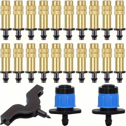 Automatic Irrigation Nozzle, 1/4 "Adjustable Plastic Brass Atomizing Nozzle Set, Equipped With Perforator-4/7mm Drip Irrigation Spray, Used For Cooling Garden Lawn Vegetable Greenhouse