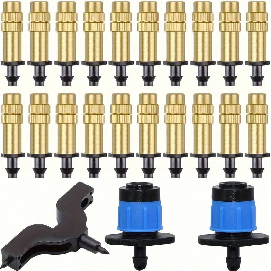1/4" Adjustable Plastic Brass Mist Nozzle Set, With 4/7mm Drip Irrigation Sprayer Attachment, Suitable For Garden, Lawn, Vegetable Greenhouse Cooling