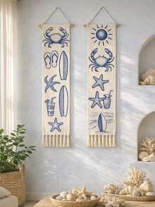 1件/2件装海岸沙滩挂毯，波西米亚风海洋主题墙饰，蓝白螃蟹、海星和冲浪板图案，适合卧室和客厅，主题墙画，非常适合海岸风和夏季装饰爱好者。 - 彩色 - 查看 10