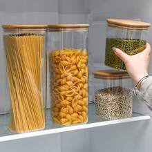 1个简约方形透明罐，配竹盖，密封食品储存容器，优雅轻巧，可堆叠，适用于厨房装饰和食品储藏室收纳 - 透明 - 查看 10