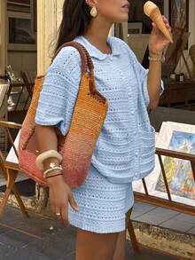 女士两件套，春夏短袖纯色开衫+松紧腰短裤，休闲可爱宽松度假沙滩两件套 - 淺藍色 - 查看 2