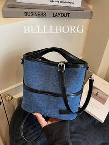 Contrast Color Denim Retro Bucket Tote Bag, Commuter Handbag For Women - Black - View 4