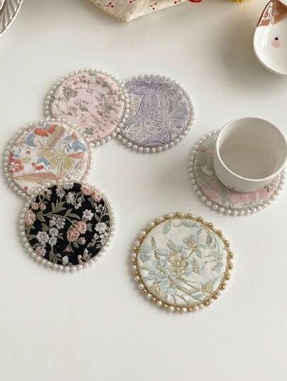Vintage Faux Pearl Coaster, High-Quality Floral Print Tea Pot Mat, Elegant Pearl Edged Cup Pad, Fabric Heat Insulation Tea Coaster