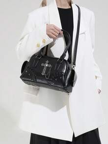 Women's Fashionable Cross-Studded Handbag, Sweet And Cool Punk Bowling Bag, Shoulder/Crossbody Bag. - Black - View 3