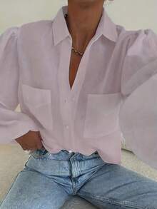 宽松、轻盈、透气的纯色前扣口袋休闲女式时尚半透明长袖衬衫，适合度假、假日和日常穿着，春夏款。 - 淺粉色 - 查看 2