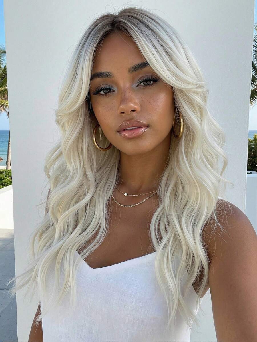 Peluca de onda corporal de 22 pulgadas con color ombre de rubio oscuro a blanco para mujeres, peluca sintética resistente al calor hecha a máquina para uso diario y citas - Multicolor - Ver 1
