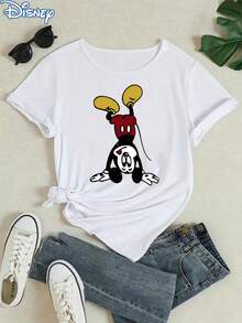 Disney Licensed Mickey Mouse UpsideDown Funny Print Short-Sleeve T-Shirt, Women's Top For Spring, Summer And Autumn, Casual Loose Fit - 白色 - 查看 2