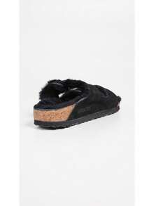 Birkenstock PU Leather Black Solid Shearling Lined Casual Women's Flat Sandals - 黑色 - 查看 4