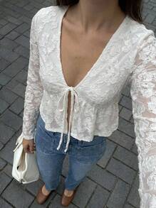 Buzzelle Women's White Lace Texture V-Neck Tie Ruffle Hem Long Sleeve Blouse - White - View 1