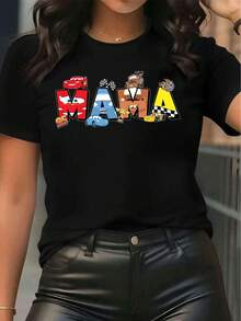 Disney Mother's Day Women'S Popular Printed Graphic Featuring Cartoon Race Car Lightning Mcqueen With Cool Letters M A M A. Fun Parent- Design Short-Sleeve Round-Neck T-Shirt, Casual, Comfortable, And Stylish, Suitable For Spring, Summer - Noir - Voir 1