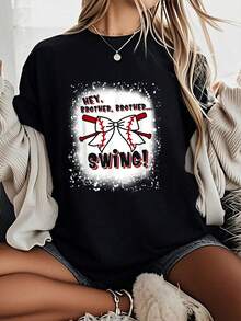 100% Cotton Baseball Sister Hey Swing T-Shirt Women Graphic T-Shirt Cotton Print Short Sleeve Casual Top, Summer Tee Womens Tops - 黑色 - 查看 1