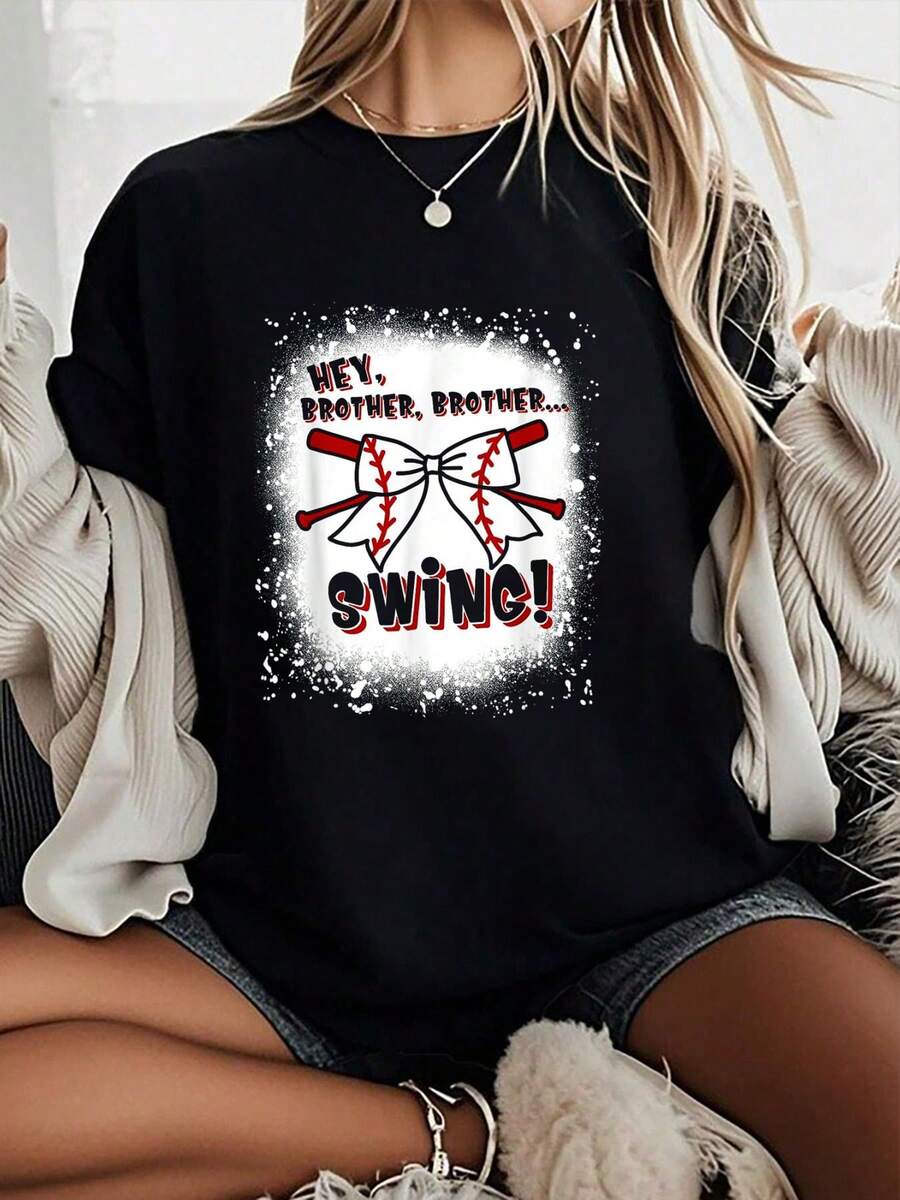 100% Cotton Baseball Sister Hey Swing T-Shirt Women Graphic T-Shirt Cotton Print Short Sleeve Casual Top, Summer Tee Womens Tops - 黑色 - 查看 1