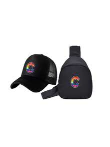 2件套儿童26字母印花卡车司机帽和胸包套装，时尚休闲遮阳帽，方便的迷你零钱包，适合女孩返校日常穿着 - 黑色 - 查看 6