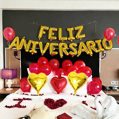18个/套 西班牙语“Feliz Aniversario”字母气球，心形气球，适用于周年纪念、婚礼、庆典、情侣、情人节派对、求婚、新娘送礼会、周年纪念装饰
