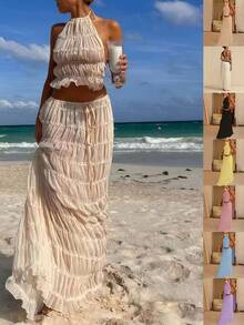 Women's 2 Piece Dress Set, Sexy Sleeveless Backless Halter Crop Top & Pleated Long Skirt, Beach Outfit - 白色 - 查看 1