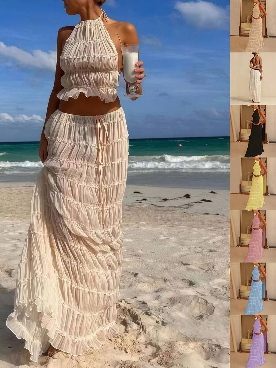 Women's 2 Piece Dress Set, Sexy Sleeveless Backless Halter Crop Top & Pleated Long Skirt, Beach Outfit - 白色 - 查看 1
