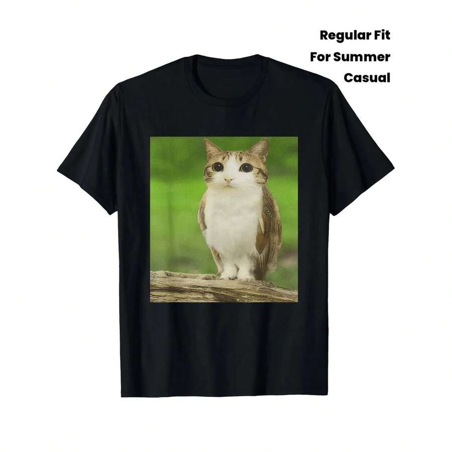 Men'S Funny Meowl Cat Owl Meme T-Shirt - Soft Black Short Sleeve Tee With Tabby Cat & Owl Design, Tabby Cat Face Graphic With Expressive Eyes, Regular Fit Casual Shirt For Summer Outfits, Daily Wear & Themed Events, Funny Animal Lover Apparel - 黑色 - 查看 1