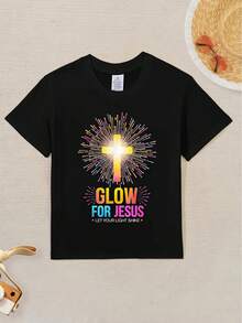 2026 Familia Cruze Serie Niñas Camisetas 1 camiseta negra infantil con estampado de cruz y temática de Pascua Cuello redondo, camiseta casual, tejido de punto de elasticidad media, corte regular, adecuada para niños y niñas, con estampado de letras, perfecta para primavera, verano, otoño, Pascua, Día de Acción de Gracias, Navidad. SPI-Der temático familia viaje Camisetas, niños Camisetas, fiesta gráfico Camisetas, regalos para cómic libro y anime aficionados, niños Camisetas, infantil superiores, adolescente superiores, de hombre Camisetas, de mujer superiores, pareja conjuntos de ropa padre-hijo Camisetas, cumpleaños regalos. - Negro - Ver 1