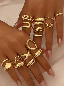 16pcs/Set Punk Style Rings Set, Vintage Geometric Rings Set For Women, Fashionable Personalized Jewelry Gift, Suitable For Daily Outfit And Party Accessories - Vàng - Xem 1