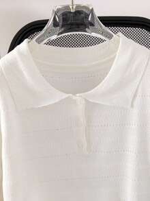 女士透气镂空 Polo 领针织上衣，夏季 - 白色 - 查看 8