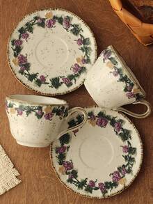 French Retro Grape Vine Embossed Ceramic Cup And Saucer Set, Shallow Embossed Craftsmanship, Unique Pattern Design, Coffee Cup And Saucer, Afternoon Tea Cup And Saucer, Beverage Cup, Latte Cup, Snack Plate, Suitable For Daily Use, Home, Restaurant, Cafe, Suitable As A Gift - Multicolor - View 3